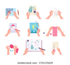 Hand Crafts. Human Hands Drawing Writing Knitting, Doing Scrapbook. Kids Lab Or Adult Workshops. Isolated Top View Arm With Pen Brush Scissors Vector Set