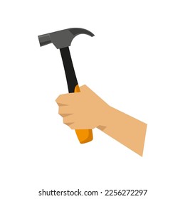 Hand of craftsman holding hammer vector illustration. Cartoon drawing of hand with steel instrument for construction on white background. Construction, industry, repair service concept