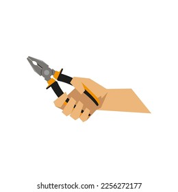 Hand of craftsman holding pliers vector illustration. Cartoon drawing of hand with steel instrument for construction on white background. Construction, industry, repair service concept