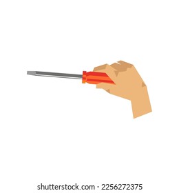 Hand of craftsman holding screwdriver vector illustration. Cartoon drawing of hand with steel instrument for construction on white background. Construction, industry, repair service concept