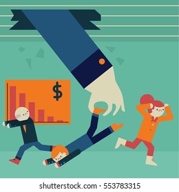 Hand crashes into an office from the ceiling causing havoc among the businesspeople as the hand grabs somebody from the foot