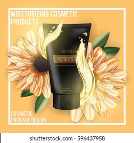 Hand cream ads, 3d illustration cosmetic ads design with product template and Gerbera flowers background.
