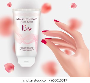 Hand cream advertisement vector illustration. Realistic beautiful hand, colorful nails, hand cream tube, flying rose petals. Packaging template background.