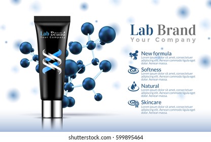 Hand Cream Black Tube on Soft White and Blue Background with Formula Atoms. Excellent Cosmetics Advertising, Gentle. Package Design Sale or Promotion New Product. 3D Vector Illustration.