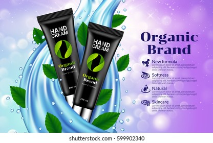 Hand Cream Black Tube White Blue Drop and Leaves Blurred bokeh Background. Green leaf Wave Jet Water. Cosmetics Advertising Gentle. Package Design Promotion New Product. 3D Vector Illustration.