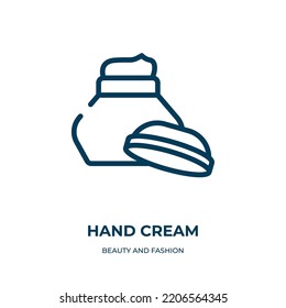 Icono de crema de mano. Ilustración vectorial lineal de la colección de belleza y moda. Vector de icono de crema de mano de contorno. Símbolo de línea delgada para uso en aplicaciones web y móviles, logotipo, medios impresos.