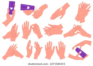 Hand cream instructions set icons concept without people scene in the flat cartoon style. Instructions for the correct use of hand cream. Vector illustration.