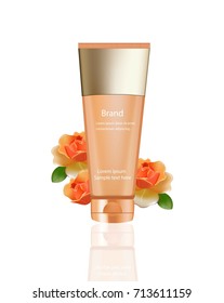Hand cream or Lotion Cosmetics set Vector realistic mock up. Orange package Hydration cream bottle with logo. Perfect for advertising, flyer, banner, poster. 3d illustration