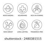 Hand cream, moisturizer features icons set - Rich in vitamins, Nourishing, Moisturizing, Long-lasting, Non-creasy and Fragrance-free. Pictograms for labeling in thin line