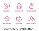 Hand cream, moisturizer features icons set - Rich in vitamins, Nourishing, Moisturizing, Long-lasting, Non-creasy and Fragrance-free. Pictograms for labeling in bold line