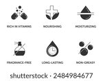 Hand cream, moisturizer features icons set - Rich in vitamins, Nourishing, Moisturizing, Long-lasting, Non-creasy and Fragrance-free. Pictograms for labeling in monochrome style