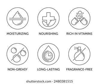 Hand cream, moisturizer features icons set - Rich in vitamins, Nourishing, Moisturizing, Long-lasting, Non-creasy and Fragrance-free. Pictograms for labeling in thin line