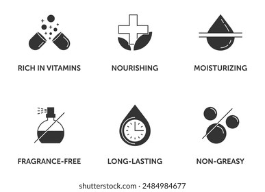 Hand cream, moisturizer features icons set - Rich in vitamins, Nourishing, Moisturizing, Long-lasting, Non-creasy and Fragrance-free. Pictograms for labeling in monochrome style