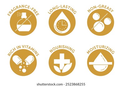 Hand cream, moisturizer features icons set - Rich in vitamins, Nourishing, Moisturizing, Long-lasting, Non-creasy and Fragrance-free. Pictograms for labeling in monochrome style and circle shapes