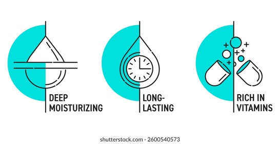 Hand cream, moisturizer features icons set - Rich in vitamins, Nourishing, Moisturizing, Long-lasting, Non-creasy and Fragrance-free. Pictograms for labeling in linear style