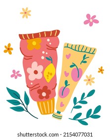 Hand cream. Natural Organic Skin Care Products. Natural hand and body cream. Cosmetics with herbs for body. Modern vector cartoon illustrations isolated on a white background.

