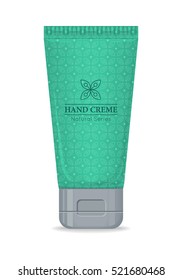 Hand cream natural series bottle isolated. Cosmetic product flasks with logo or symbol on the nameplate. Reservoir with label. Part of series of decorative cosmetics items. Vector illustration