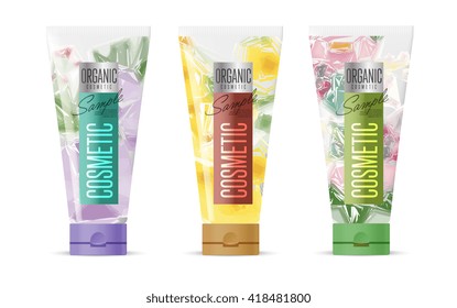 Hand cream on cosmetic plastic tube on white background.