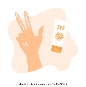 Una mano con crema en los dedos y un tubo de protector solar. Instrucciones para usar bloqueos solares para la cara. Ilustración vectorial plana