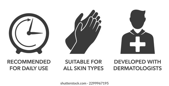 Hand cream or other skincare products flat icons set - Recommended for daily use, Suitable for all skin types and Developed with dermatologists.