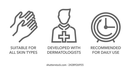 Hand cream or other skincare products icons set in bold line - Recommended for daily use, Suitable for all skin types and Developed with dermatologists.