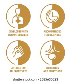 Hand cream or other skincare products icons set in bold line and semicircle shape - Recommended for daily use, Suitable for all skin types and Developed with dermatologists, Hydration and smoothing