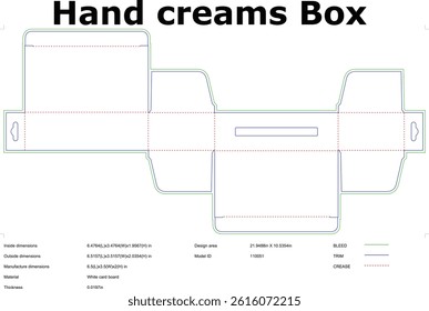 Hand cream packaging box die cut template design with crease and trim lines flat layout