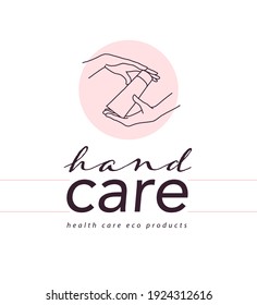 Diseño de empaque de crema manual con emblema de las manos humanas sostiene tubo hidratante aislado sobre fondo blanco. Ilustración dibujada a mano en línea vectorial. Para insignia de marca, banner, publicidad, paquete.