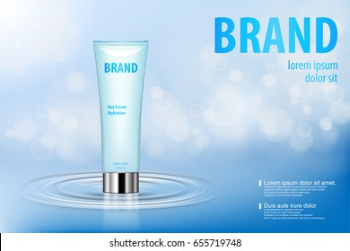Hand cream realistic tube isolated on blue bokeh background. Cosmetic mockup upon water. Design cosmetics product for your design and advertising. 3d Vector illustration EPS10