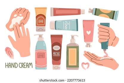 Conjunto de crema de mano. El conjunto de manos de la mujer se acercan con la crema del tubo. Cuidado de la piel. Ilustración vectorial plana. 