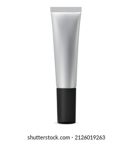 Hand cream silver tube vector blank mockup, realistic wrapper. Plastic squeeze tube template for toothpaste. Acne ointment realistic wrapping, medical product mock up