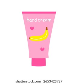 Creme de mão no tubo com banana isolada no fundo branco. Texto escrito à mão.