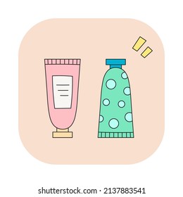 Hand cream tube icon. Cute cartoon vector graphic. Fancy doodle asian style illustration of Korean beauty cosmetic product stuff sign.
