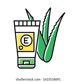 Hand cream with vitamin color icon. Organic lotion in tube. Cosmetic with medicinal plants extract. Dermatology and healthy skincare. Aloe vera leaves and sprouts. Isolated vector illustration