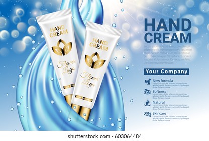 Hand Cream White Gold Tube on Blue Drop Blurred Bokeh Background Wave Jet Water. Excellent Cosmetics Advertising, Gentle. Package Design logo Sale Promotion New Product. 3D Vector Illustration.