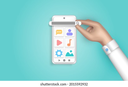 Hand creates a custom design for a mobile application, UI UX design. Design concept for web designer. Device content place infographic. Landing page template for the site. 3D web vector illustrations