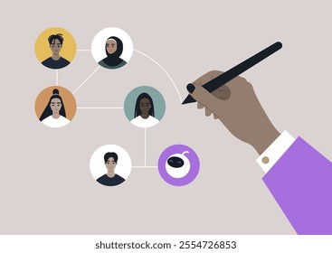 A hand is creating connections between various people illustrated in circular frames, symbolizing collaboration and communication in a vibrant and modern setting