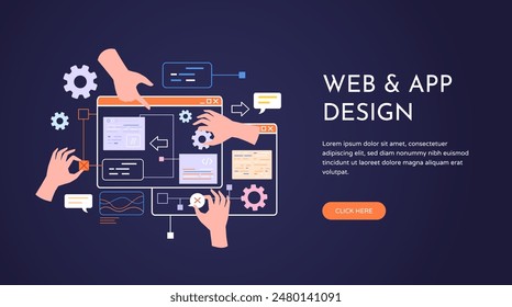 Hand creating prototype. Web development ui ux design agency landing page, programming team creating website or mobile app usability redesign coding content vector illustration