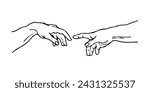 Hand to hand.
The creation of adam.
god hand. Vector black vintage engraving illustration isolated 
