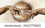 Hand to hand.
The creation of adam.
god hand. Vector black vintage engraving illustration isolated.
Prints, wallpapers, posters, cards, murals. 