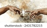 Hand to hand.
The creation of adam.
god hand. Vector black vintage engraving illustration.
Prints, wallpapers, posters, cards, murals.