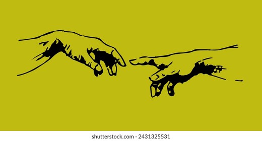 Hand to hand.
The creation of adam.
god hand. Vector black vintage engraving illustration isolated 
