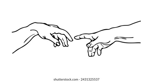 Hand to hand.
The creation of adam.
god hand. Vector black vintage engraving illustration isolated 
