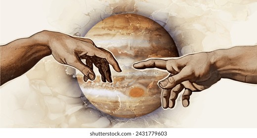 Hand to hand.
The creation of adam.
god hand. Vector black vintage engraving illustration isolated.
Prints, wallpapers, posters, cards, murals. 