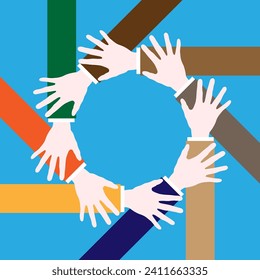 Hand Creative Connection with Teamwork. Cultural equity, diversity togetherness concept. Round symbol of unity, team, group, partnership, leading, support, community. 