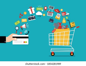 hand credit buy goods to cart vector. e-commerce concepts. online shopping social media. vector illustration in flat style modern design.