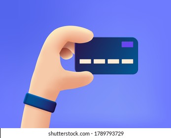 A Hand With Credit Card. 3d Cartoon Vector Illustration. Bank Card Buying, Fast Buy Concept.