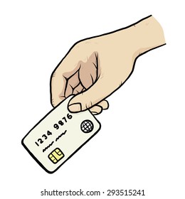 Hand And Credit Card / Cartoon Vector And Illustration, Hand Drawn Style, Isolated On White Background.