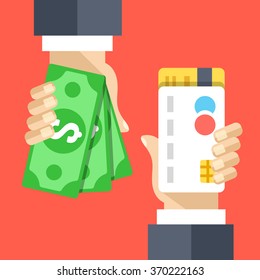 Hand with credit card and hand with cash money flat illustration. Atm, cashback, withdrawal. Modern flat design concepts for web banners, websites, printed materials, infographics. Vector illustration