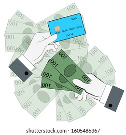 Hand with credit card and hand with cash. Payment methods, cash-out, smart investment, business, cash withdrawal, business, online payment concepts. Flat design. Creative vector illustration
